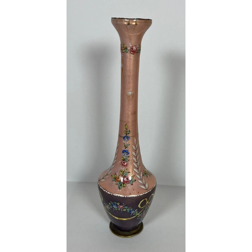 320 - A EUROPEAN PINK & PURPLE ENAMEL DESIGN VASE DECORATED WITH FLORAL SWAG DESIGN, HEIGHT 15.5CM