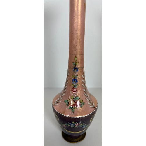 320 - A EUROPEAN PINK & PURPLE ENAMEL DESIGN VASE DECORATED WITH FLORAL SWAG DESIGN, HEIGHT 15.5CM