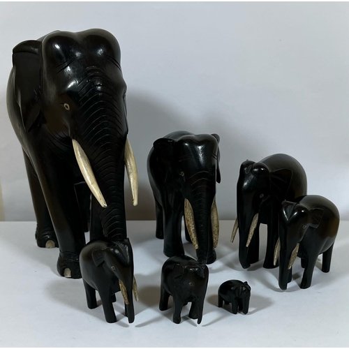 323 - AN ANTIQUE FAMILY OF SEVEN GRADUATED EBONY ELEPHANTS, LARGEST 16CM, SMALLEST 1.5CM