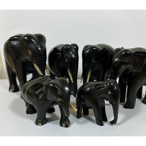 324 - AN ANTIQUE GROUP OF SIX EBONY ELEPHANTS, LARGEST 9CM HEIGHT