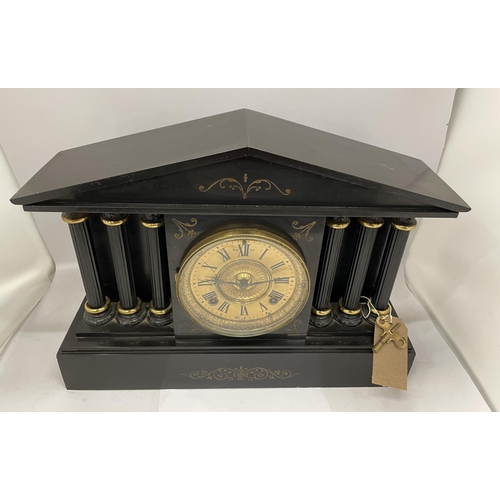 13 - AN ANTIQUE BLACK SLATE MARBLE MANTLE CLOCK WITH TRIPLE CORINTHIAN COLUMNS AND GILT DESIGN DIAL, WITH... 