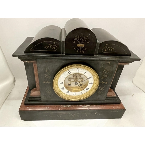 16 - AN ANTIQUE MARBLE MANTLE CLOCK WITH VISUAL ESCAPEMENT MOVEMENT