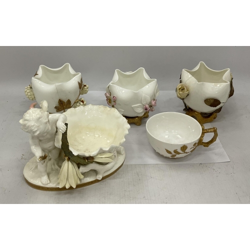 18 - A COLLECTION OF 19TH CENTURY MOORE PORCELAIN TO INCLUDE SET OF THREE POTS, CHERUB FIGURE AND FURTHER... 