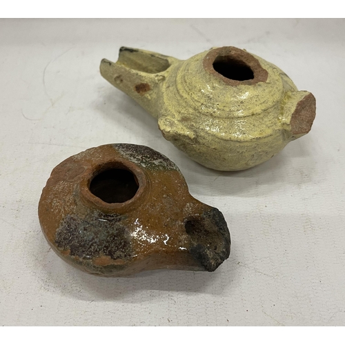 2 - A PAIR OF FATAMID CALIPHATE PERIOD (C.900-1100 AD) GLAZED OIL LAMPS UNEARTHED IN 1926 ARCHAEOLOGICAL... 