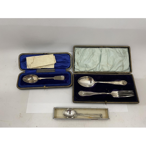 23 - A COLLECTION OF SILVER ITEMS, CASED SPOON, CASED SPOON AND FORK CHRISTENING SET AND FURTHER SPOON, T... 