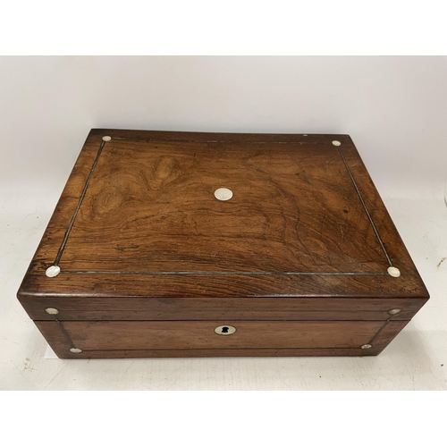 27 - AN ANTIQUE ROSEWOOD JEWELLERY BOX WITH MOTHER OF PEARL INLAY