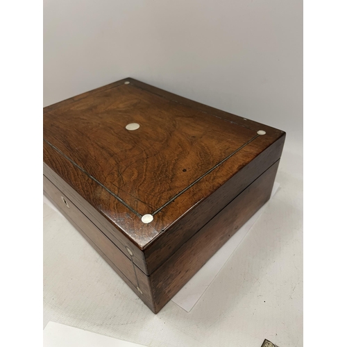 27 - AN ANTIQUE ROSEWOOD JEWELLERY BOX WITH MOTHER OF PEARL INLAY