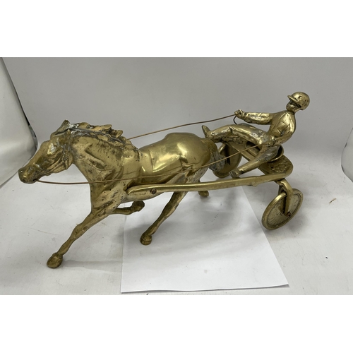 36 - A VINTAGE BRASS MODEL OF A HORSE AND RIDER, LENGTH 37CM