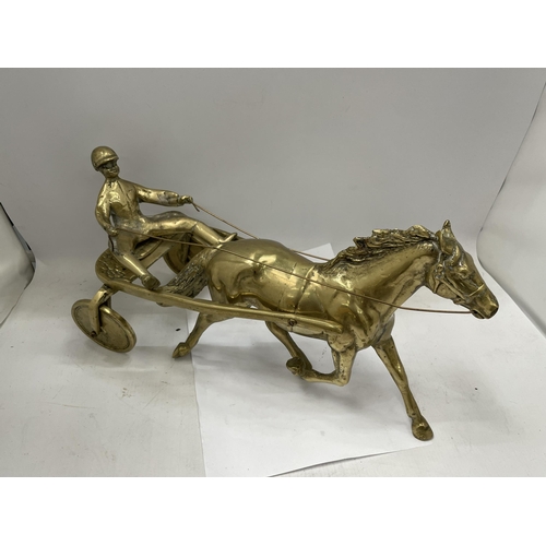 36 - A VINTAGE BRASS MODEL OF A HORSE AND RIDER, LENGTH 37CM
