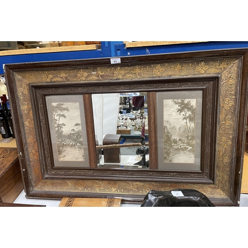 41 - A VINTAGE CARVED WOODEN FRAMED MIRROR WITH SIDE PANELS OF CATTLE