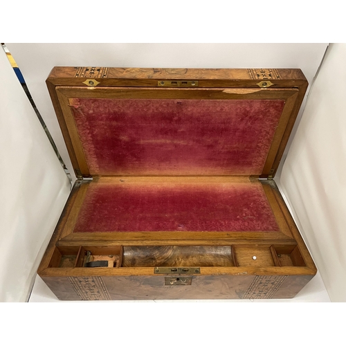 44 - A VICTORIAN WALNUT INLAID WRITING SLOPE WITH RED VELVET SLOPE, 49 X 25 X 18CM