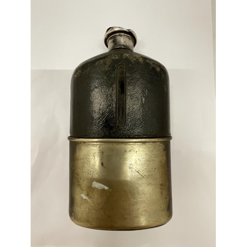 6 - A VICTORIAN HIP FLASK WITH HALLMARKED SILVER TOP, LEATHER TOP HALF AND SILVER PLATED DETACHABLE CUP