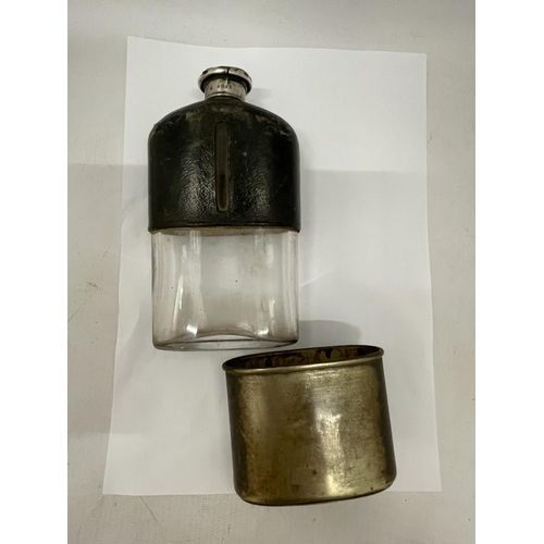 6 - A VICTORIAN HIP FLASK WITH HALLMARKED SILVER TOP, LEATHER TOP HALF AND SILVER PLATED DETACHABLE CUP