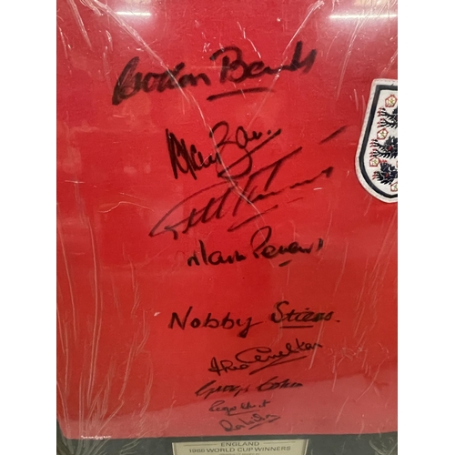 85 - A FRAMED AUTHENTIC 1966 ENGLAND WORLD CUP FOOTBALL SHIRT SIGNED BY GORDON BANKS, GEOFF HURST, JACK C... 