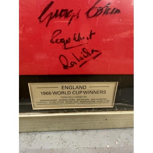 85 - A FRAMED AUTHENTIC 1966 ENGLAND WORLD CUP FOOTBALL SHIRT SIGNED BY GORDON BANKS, GEOFF HURST, JACK C... 