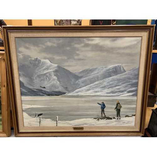 56 - A JOESPH IORWERTH CHESTERS RCA OIL ON CANVAS WINTER SCENE LLYN OGWEN, DATED 1974