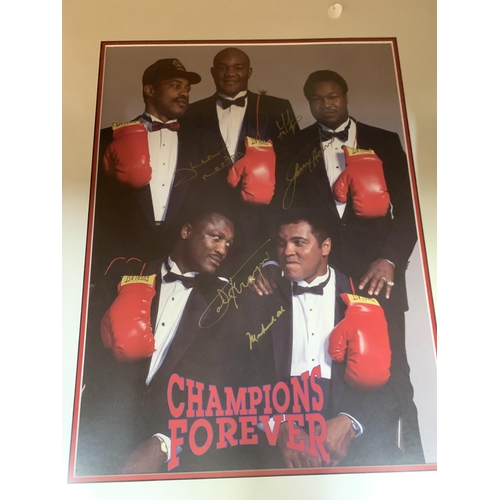 96 - A SIGNED AND FRAMED PHOTOGRAPH OF MUHAMMED ALI , GEORGE FOREMAN, JOE FRAZIER, KEN NORTON & LARRY HOL... 