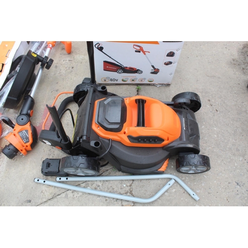 39 - AN AS NEW AND BOXED ELECTRIC CORDLESS WORKFORCE SET TO INCLUDE LAWNMOWER. STRIMMER, LONG REACH HEDGE... 