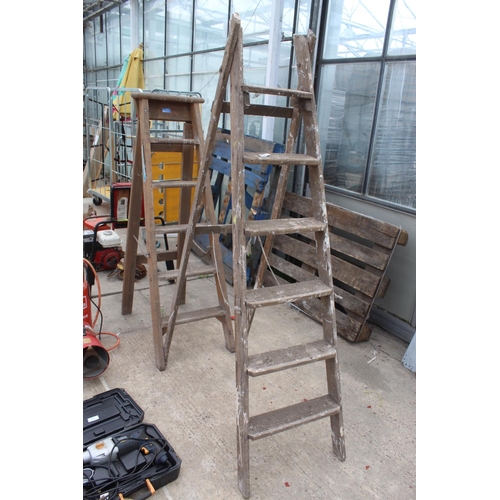 758 - 2 WOODEN STEP LADDERS  NO  VAT