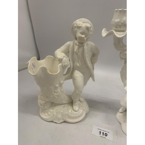 110 - TWO PIECES OF CREAMWARE, ONE A CANDLESTICK, THE OTHER A SPILL HOLDER, BOTH WITH FIGURINES