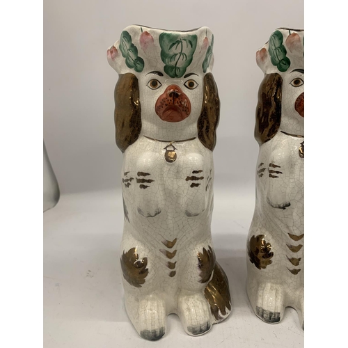 113 - A PAIR OF VINTAGE STAFFORDSHIRE DOG JUGS, HEIGHT 25CM