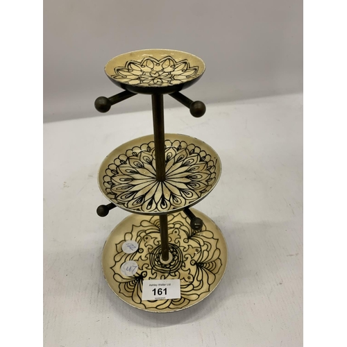 161 - A SMALL METAL AND ENAMEL 3 TIER STAND HEIGHT 22.5CM