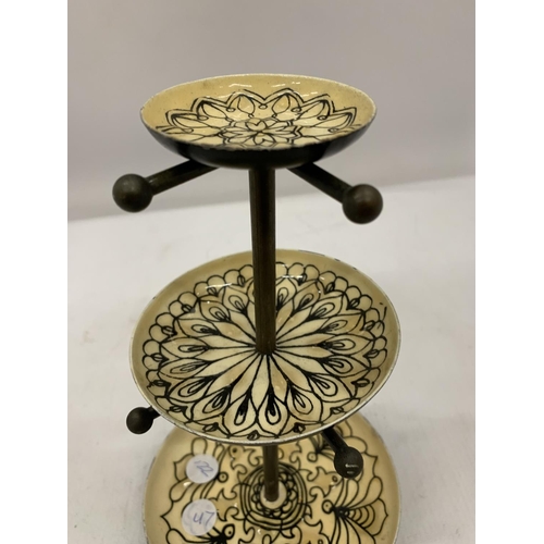 161 - A SMALL METAL AND ENAMEL 3 TIER STAND HEIGHT 22.5CM