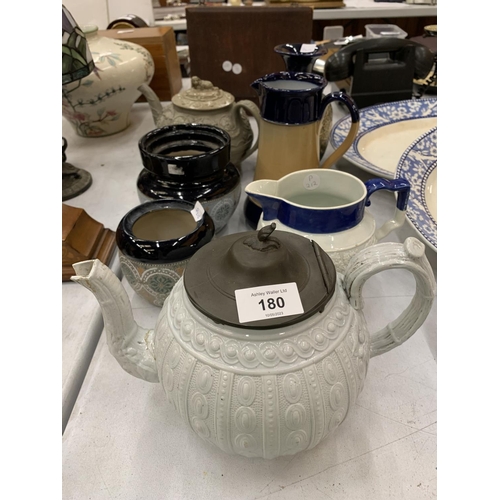 180 - A COLLECTION OF STONEWARE ITEMS TO INCLUDE A ROYAL DOULTON JUG, DOULTON STYLE POTS, TEAPOTS, ETC