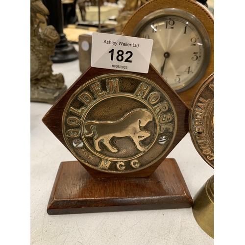 182 - TWO BRASS MOTORING BADGES ON PLINTHS, 'GOLDEN HORSE MCC' AND R.A.C. COMMERCIAL MOTOR USERS ASSOCIATI... 