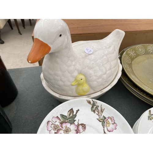 1879 - A LARGE ASSORTMENT OF CERAMICS TO INCLUDE PLATES AND AN EGG CROCK ETC