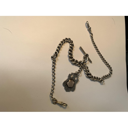 700 - A SILVER DOUBLE ALBERT WATCH CHAIN WITH A GOLD AND SILVER FOB AND T BAR