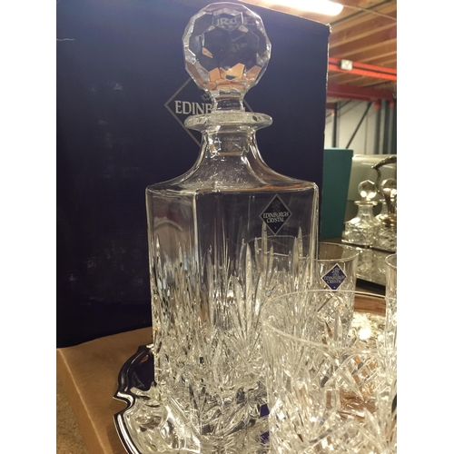 1080 - AN EDINBURGH CRYSTAL WHISKY DECANTER, FOUR WHISKY GLASSES AND A SILVER PLATED TRAY - BOXED