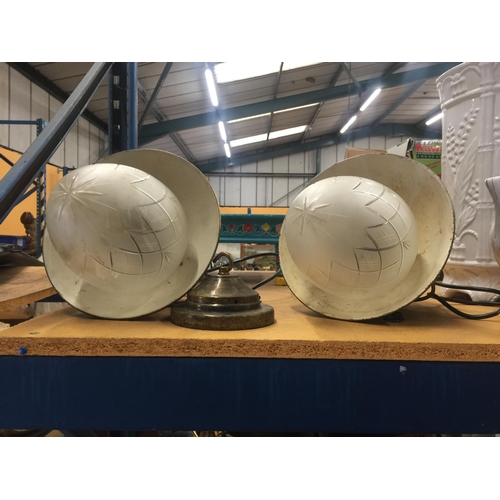 1194 - A PAIR OF VINTAGE METAL CEILING LIGHTS WITH 'PINEAPPLE' STYLE GLASS SHADES