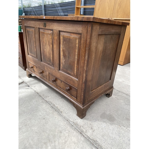 2962 - A GEORGIAN OAK AND CROSSBANDED BLANKET CHEST WITH TWO DRAWERS TO THE BASE, ON BRACKET FEET, 49