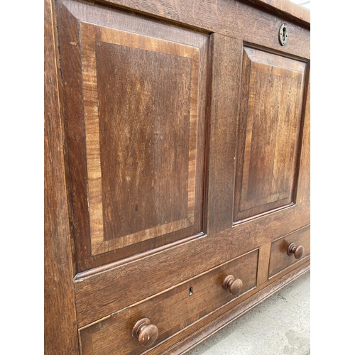 2962 - A GEORGIAN OAK AND CROSSBANDED BLANKET CHEST WITH TWO DRAWERS TO THE BASE, ON BRACKET FEET, 49