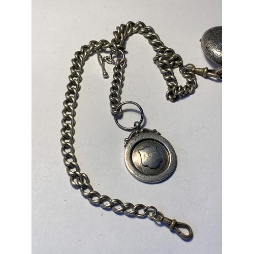 526 - A POCKET WATCH ON A CHAIN WITH A HALLMARKED BIRMINGHAM SILVER FOB