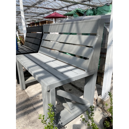 168 - A GREY PAINTED TWO SEATER BENCH NO VAT