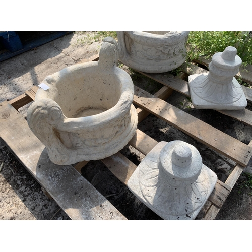 270 - A PAIR OF CONCRETE TWIN HANDLES DECORATIVE URN PLANTERS NO VAT