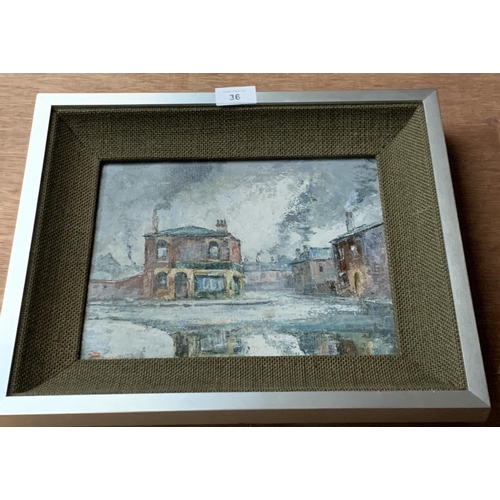 36 - * PARILLE (20TH CENTURY) 'PUB IN SALFORD', OIL ON CANVAS, INDISTINCTLY SIGNED, TITLE VERSO, FRAMED, ... 