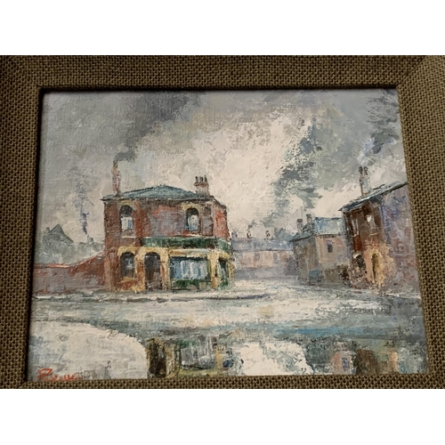 36 - * PARILLE (20TH CENTURY) 'PUB IN SALFORD', OIL ON CANVAS, INDISTINCTLY SIGNED, TITLE VERSO, FRAMED, ... 