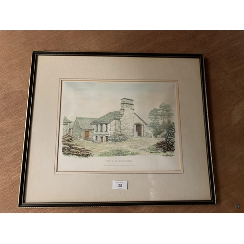 38 - * 'HOW HILL AMBLESIDE' COLOURED PRINT DATED 1821, 25 X 32CM, VERSO WITH PRESENTATION CARD TO JAMES A... 