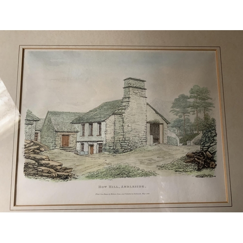 38 - * 'HOW HILL AMBLESIDE' COLOURED PRINT DATED 1821, 25 X 32CM, VERSO WITH PRESENTATION CARD TO JAMES A... 