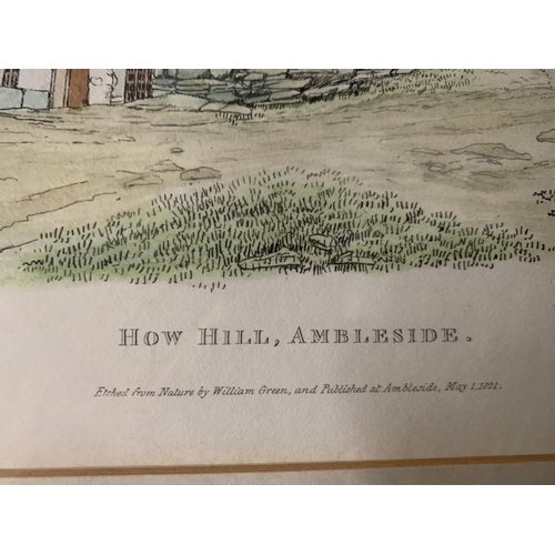 38 - * 'HOW HILL AMBLESIDE' COLOURED PRINT DATED 1821, 25 X 32CM, VERSO WITH PRESENTATION CARD TO JAMES A... 