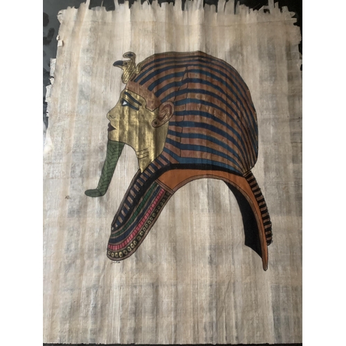 40 - * AN EGYPTIAN IMAGE OF TUTANKHAMUNS MASK ON PAPYRUS, 50 X 39CM, VERSO WITH PRESENTATION CARD TO JAME... 