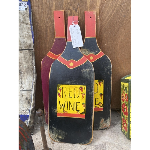 1633 - THREE PAINTED WOODEN WINE BOTTLE SHOP DISPLAY SIGNS, 70CM HIGH