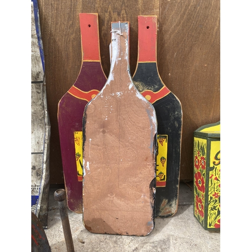 1633 - THREE PAINTED WOODEN WINE BOTTLE SHOP DISPLAY SIGNS, 70CM HIGH