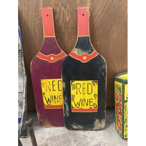 1633 - THREE PAINTED WOODEN WINE BOTTLE SHOP DISPLAY SIGNS, 70CM HIGH