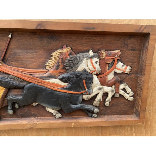 1639 - A CARVED WOODEN PLAQUE OF A ROMAN HORSE AND CART