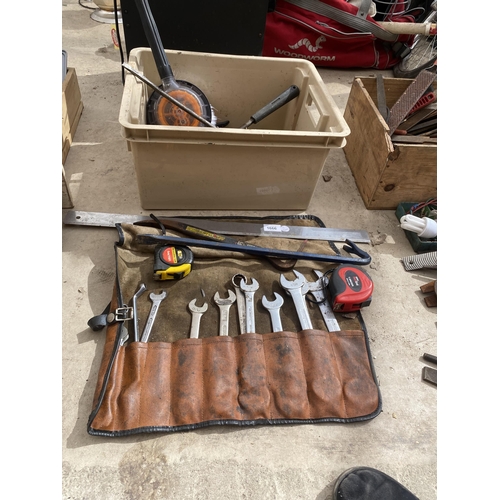 1666 - A MIXED LOT OF VINTAGE TOOLS, SPANNER SET IN FOLDING CASE ETC