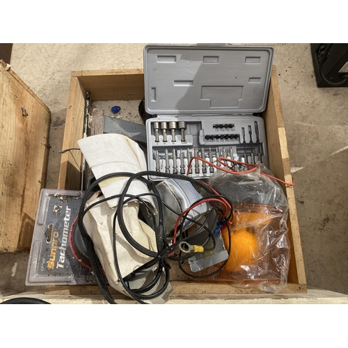 1667 - TWO BOXES OF TOOLS, STARTING CABLES, TRIPLE GAUGE, BOXED MULTI BIT SET ETC